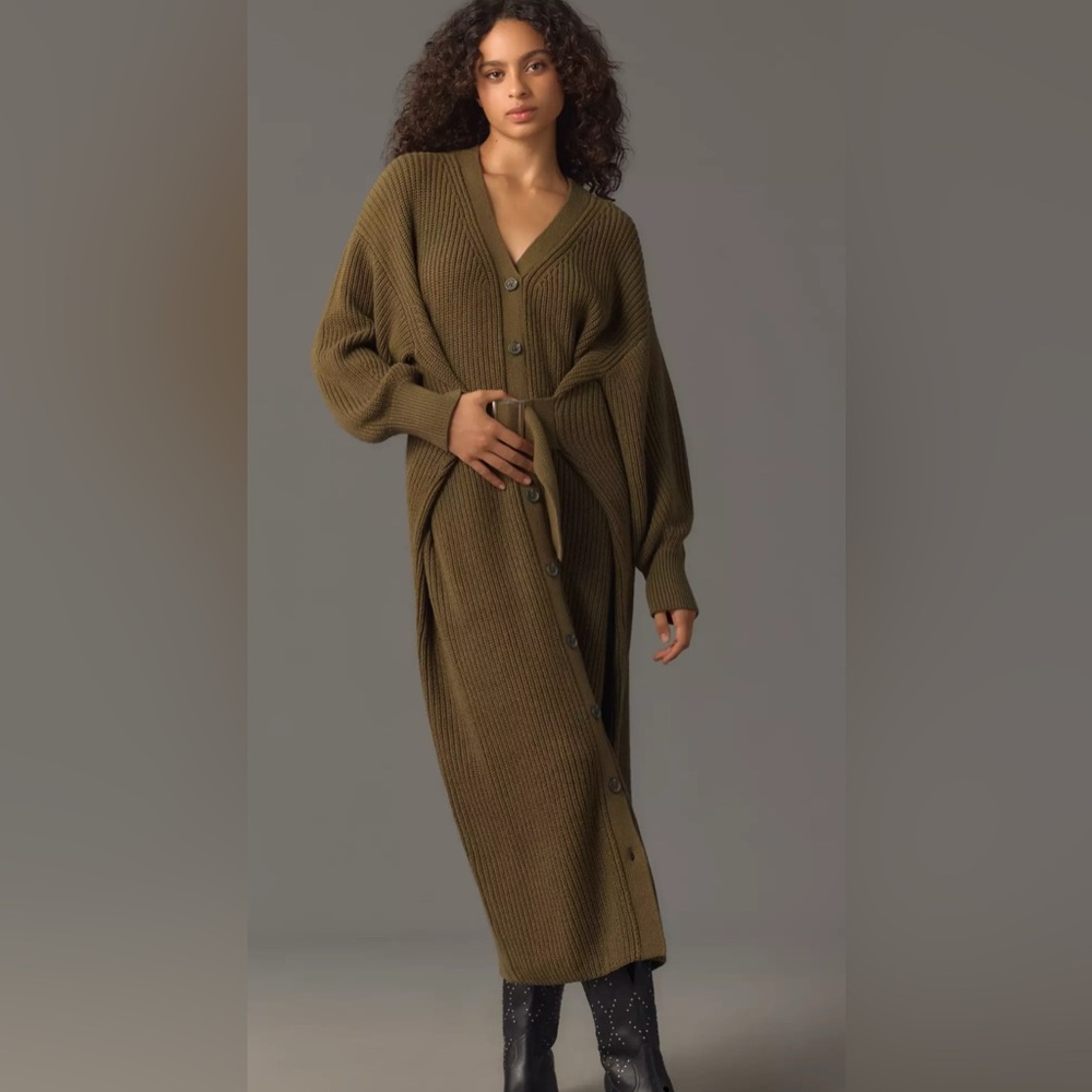 Anthropologie NWT Olive Button-Up Maxi Cardigan dress with tie S/P